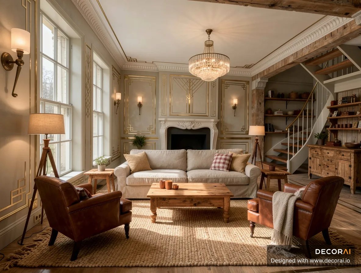 Rustic Art Deco living room with crystal chandelier, exposed wood beams, leather chairs, fireplace, and geometric wall molding.