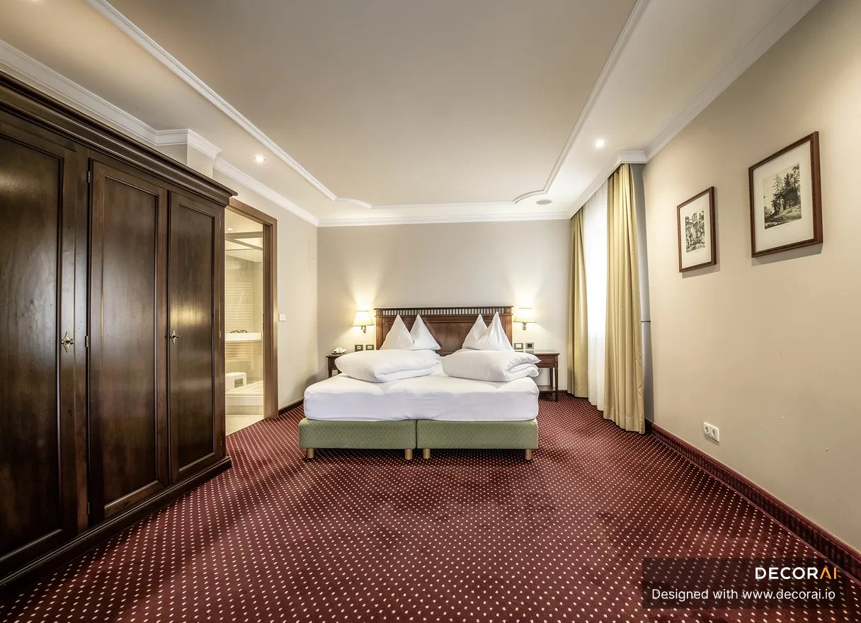 Traditional bedroom featuring a large wooden wardrobe, twin beds with white linens, beige walls, patterned red carpet, framed artwork, and soft warm lighting.