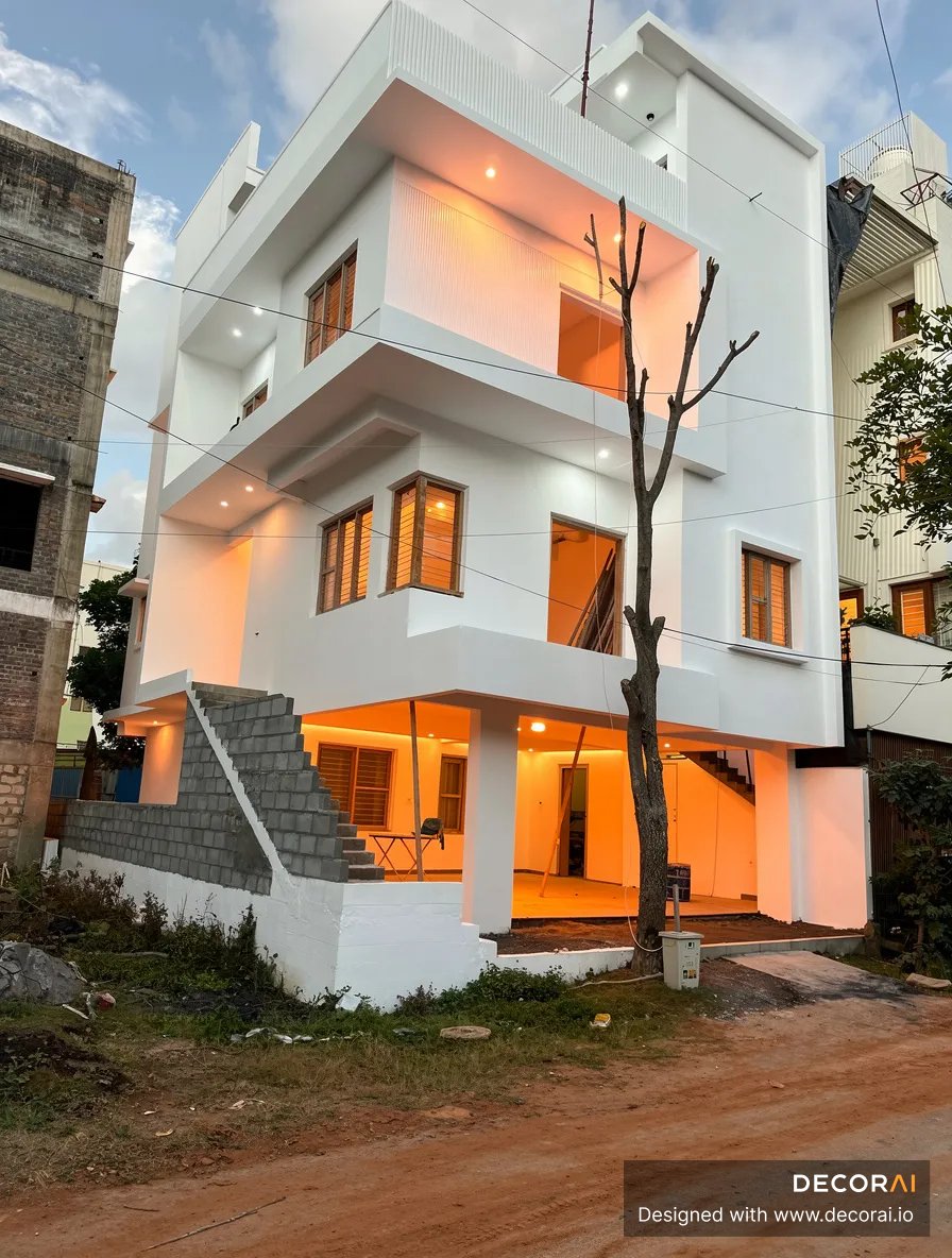 A Contemporary three-story white house with clean lines, warm interior lighting, wooden window frames, outdoor staircase, and a bare tree in the foreground, creating a modern urban atmosphere.