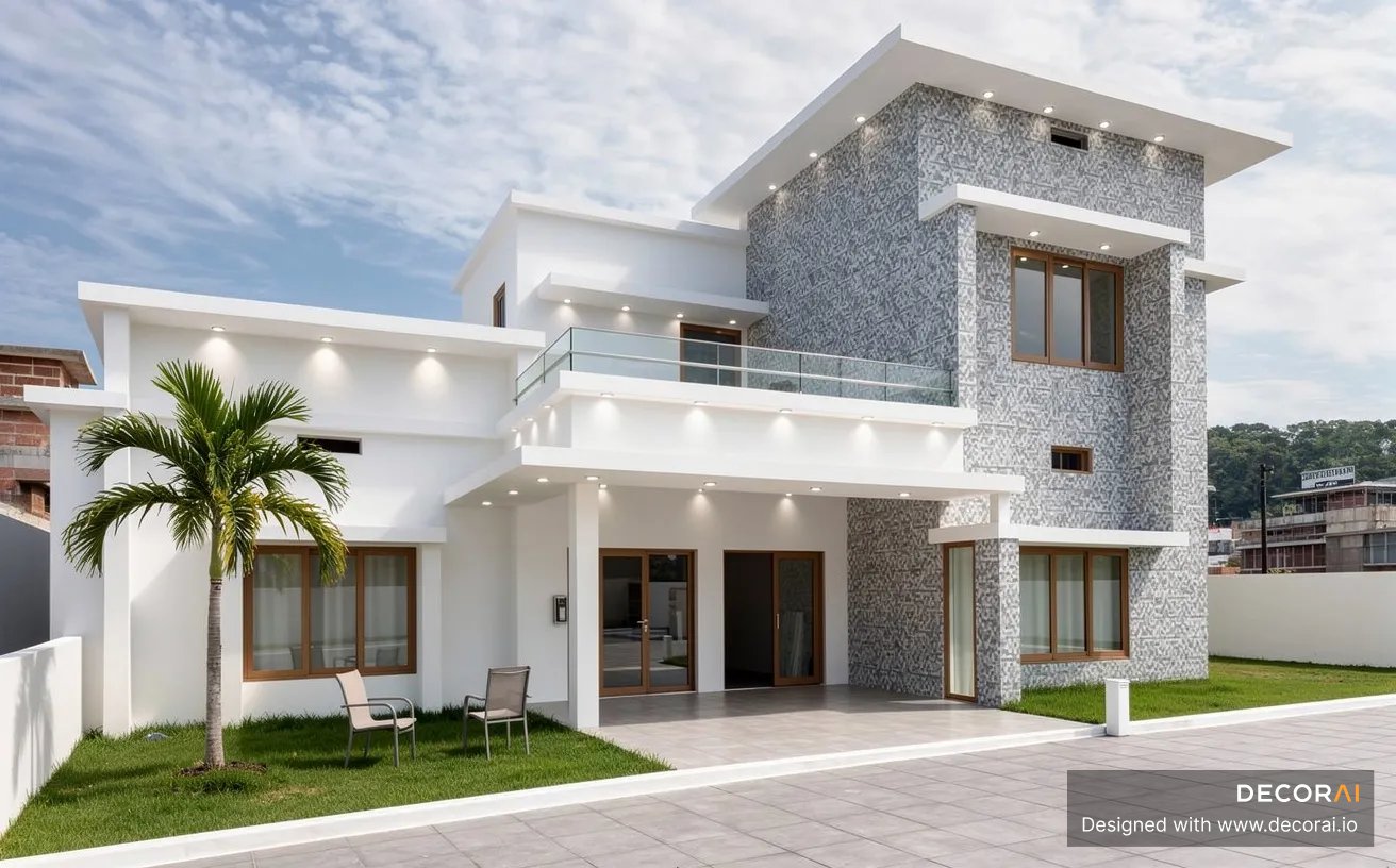 A contemporary two-story house exterior with white and textured gray walls, large windows, glass balcony, palm tree, minimal lawn, and modern outdoor seating.