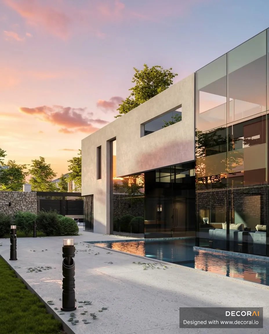 Modern apartment exterior featuring a sleek concrete and glass facade, reflecting pool, minimalist landscaping, and warm sunset lighting.