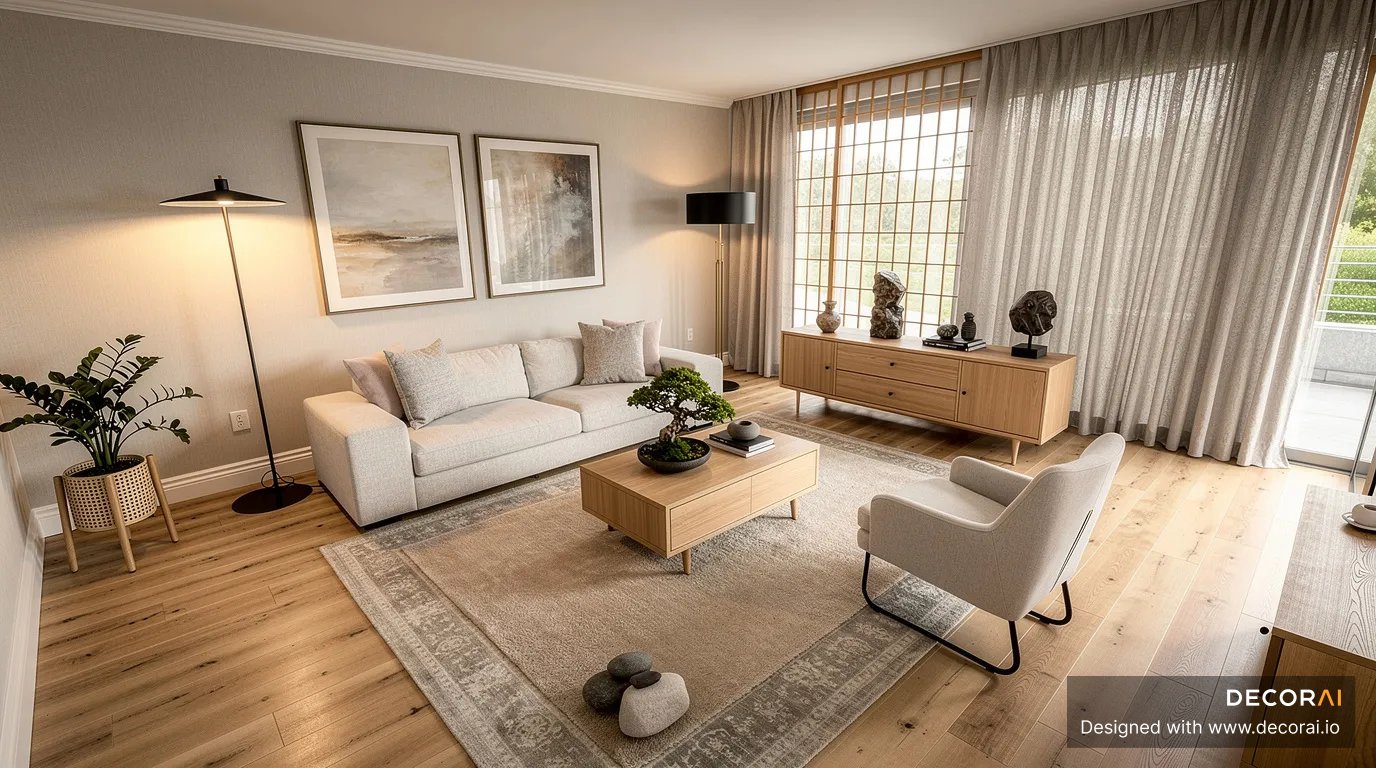 Japandi living room with natural wood furniture, neutral sofa, minimalist decor, and soft contemporary styling