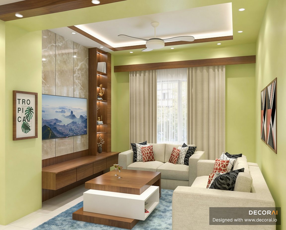 Contemporary living room with soft green walls, beige sectional sofas, wooden media console, geometric cushions, modern ceiling fan, and natural light.