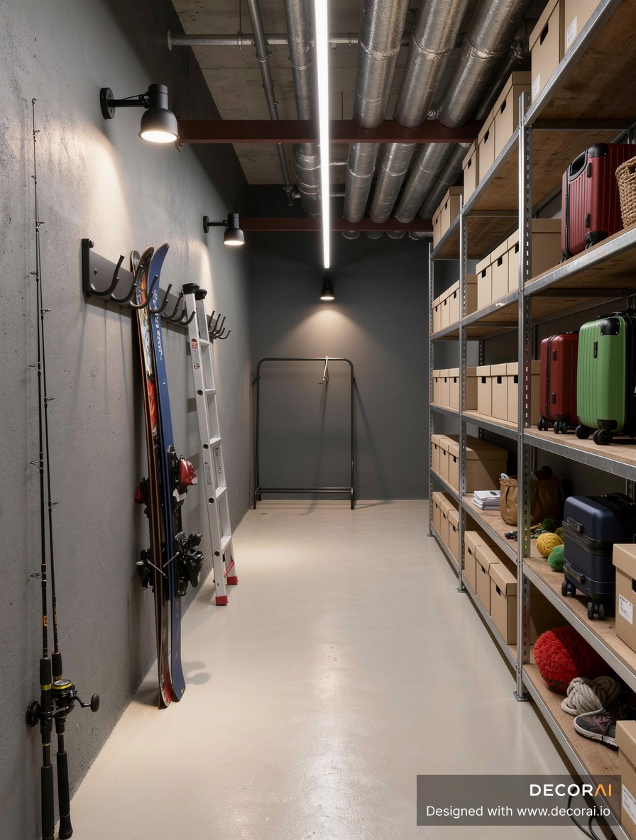 Industrial storage room with exposed ducts, metal shelving, organized storage boxes, skis, and utility lighting