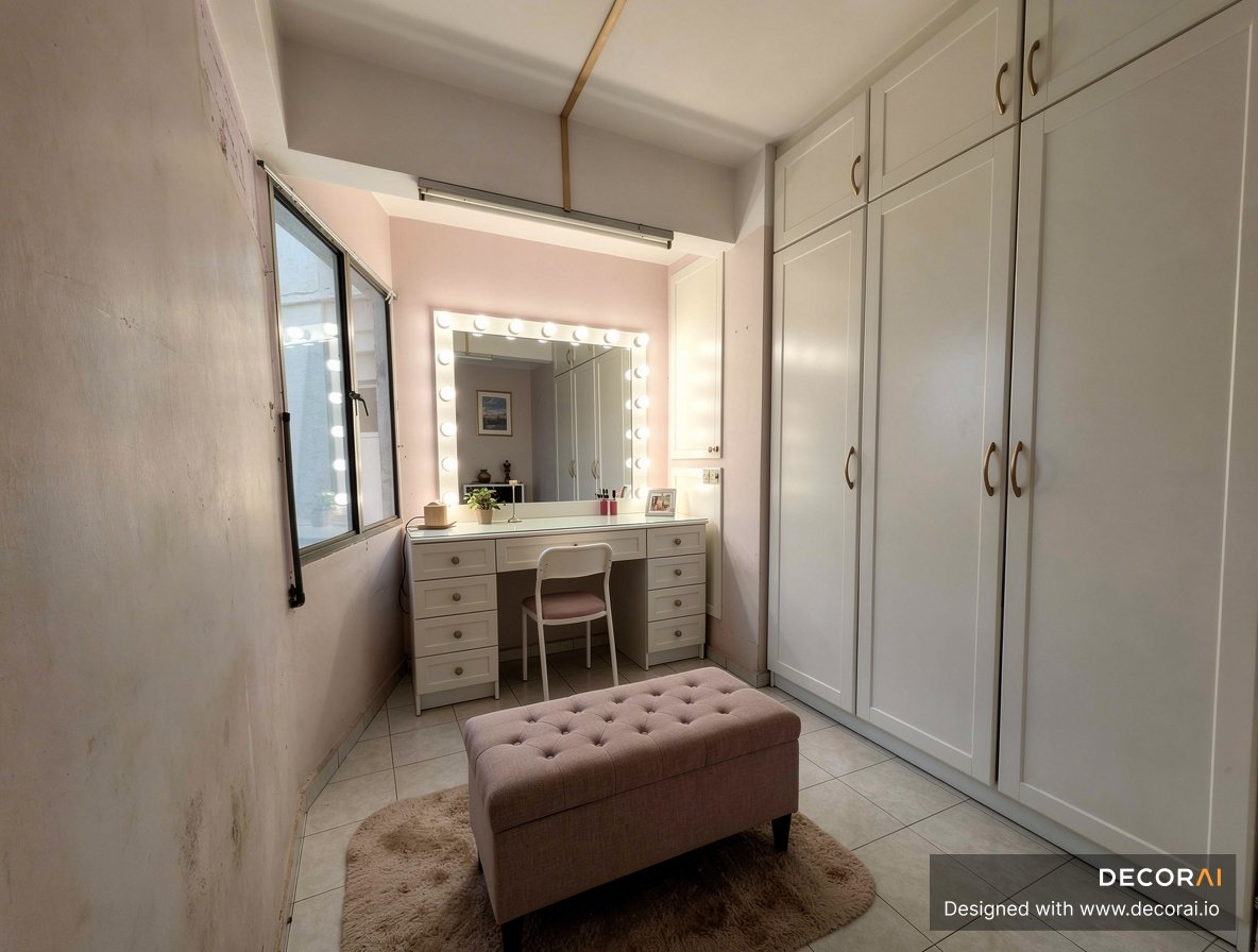 Contemporary dressing room with soft pink walls, white built-in wardrobes, illuminated vanity mirror, tufted ottoman, and neutral rug