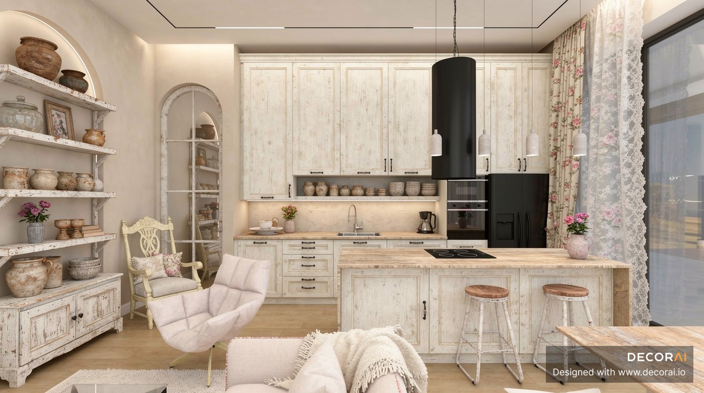 Shabby chic cottage kitchen with distressed wood cabinets, floral curtains, rustic shelving, and vintage decor.