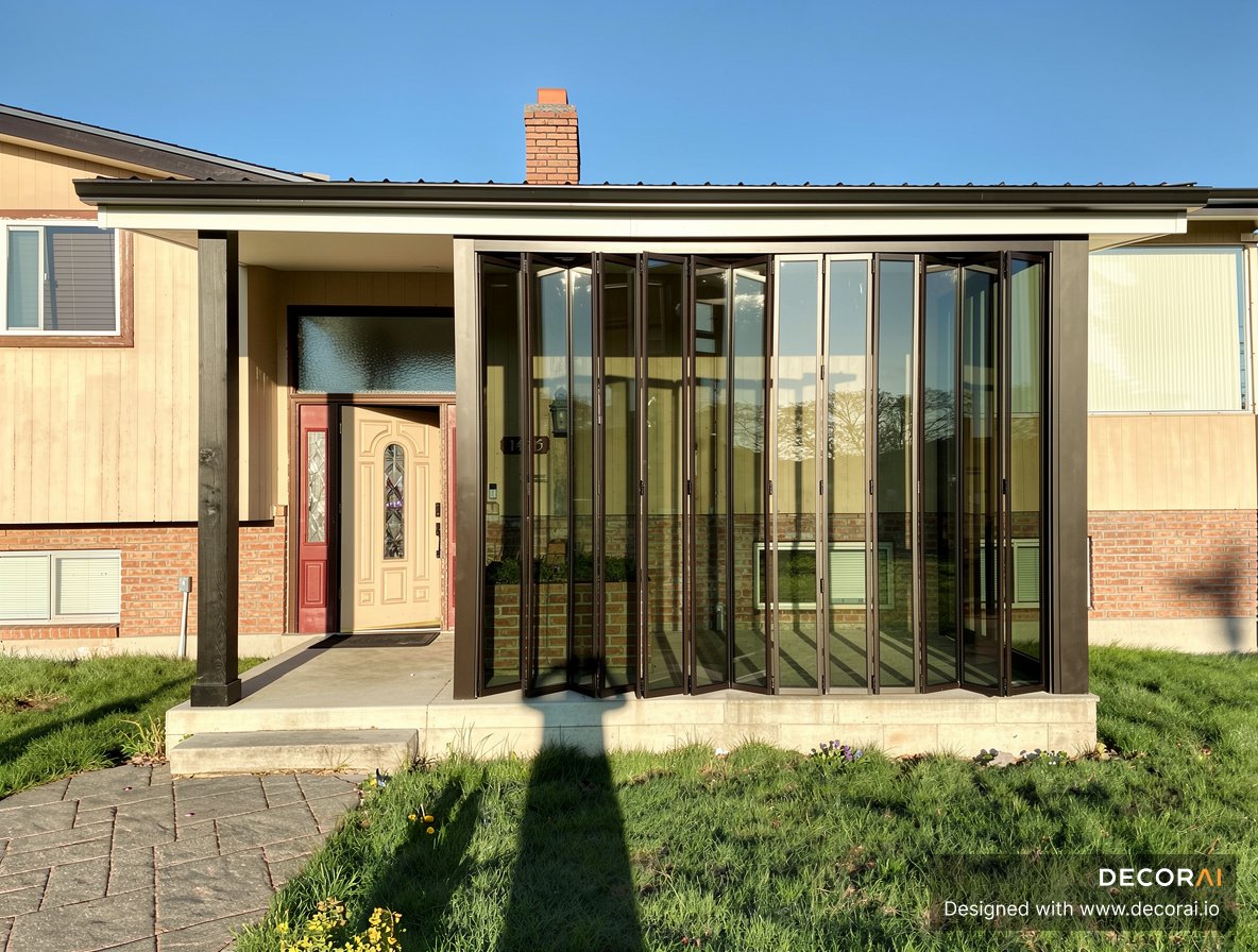 Contemporary enclosed porch with large folding glass panels, beige and red front door, brick and wood exterior, green lawn, and bright natural sunlight.