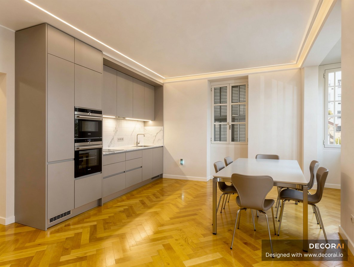Modern kitchen with matte gray cabinetry, built-in stainless steel appliances, white marble backsplash, warm herringbone wood flooring, minimalist dining table, and soft ambient lighting.