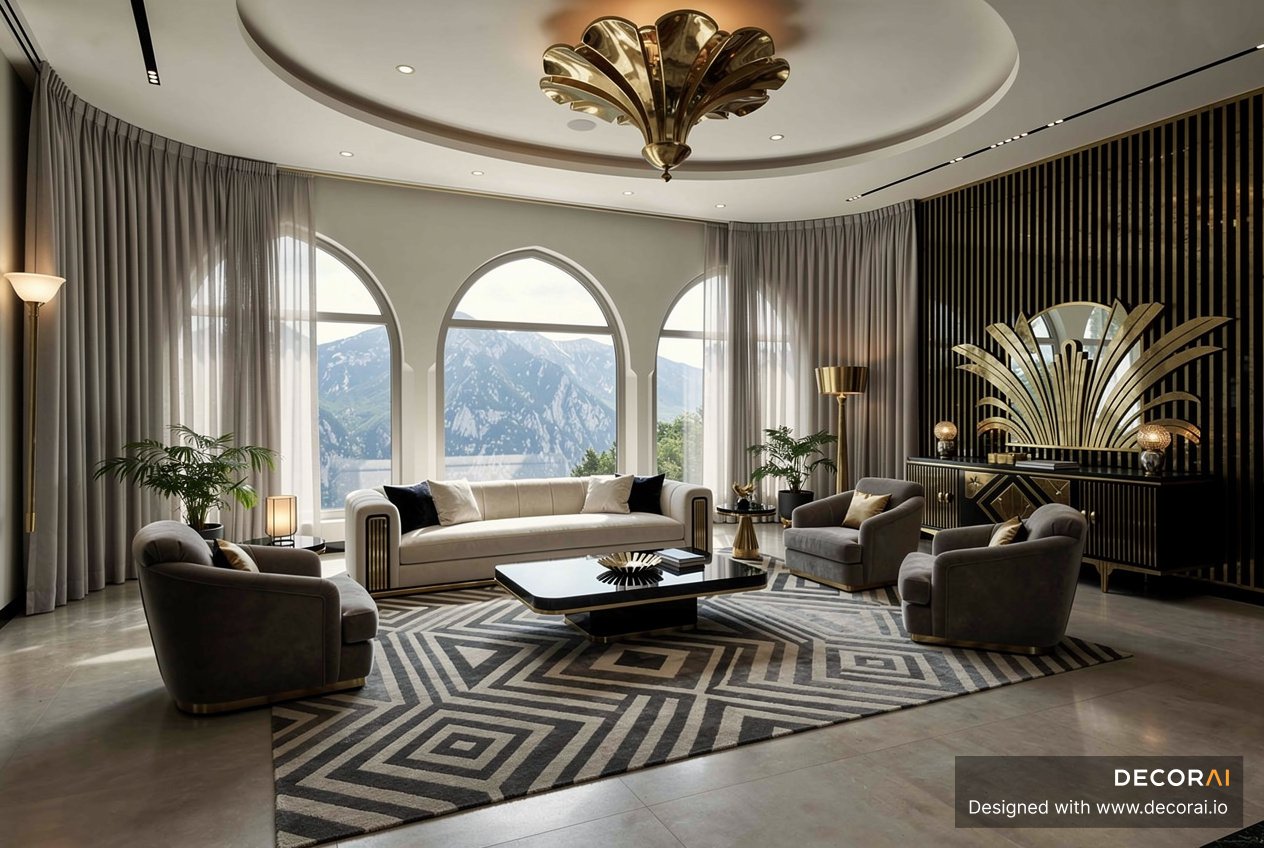 Neo deco living room with geometric rug, gold accents, arched windows, and luxurious modern furniture.