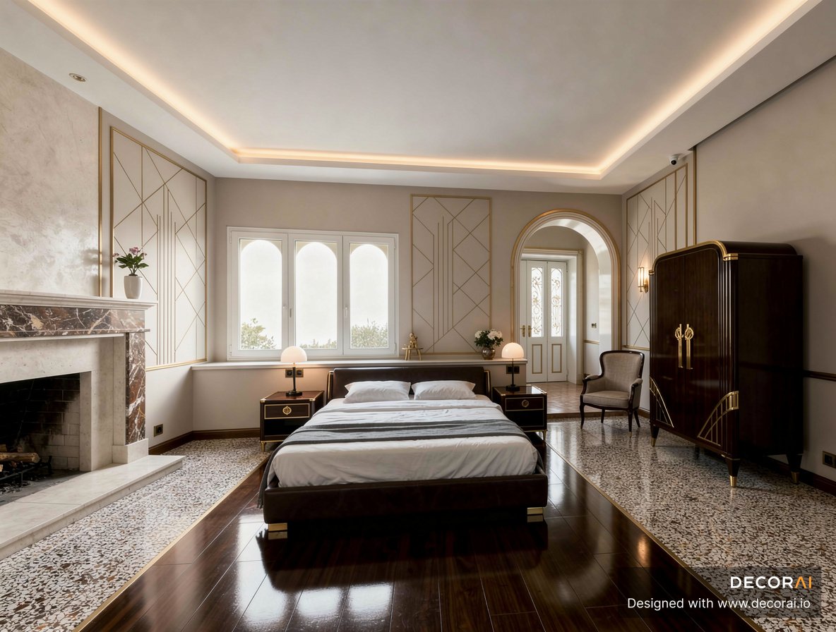 Art deco bedroom with dark wood furniture, gold wall molding, marble fireplace, and elegant vintage styling.