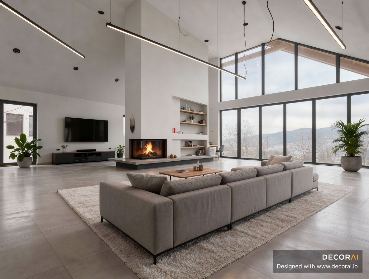 Modern minimalist living room with floor-to-ceiling windows, central fireplace, neutral sectional sofa, and open-concept design.