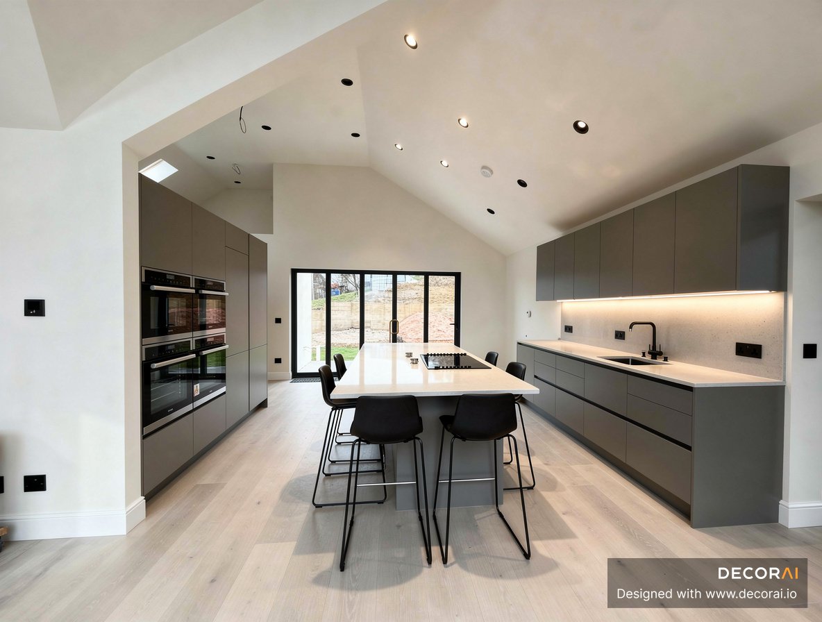Contemporary galley kitchen with matte gray cabinets, waterfall island, vaulted ceiling, and minimalist modern design.