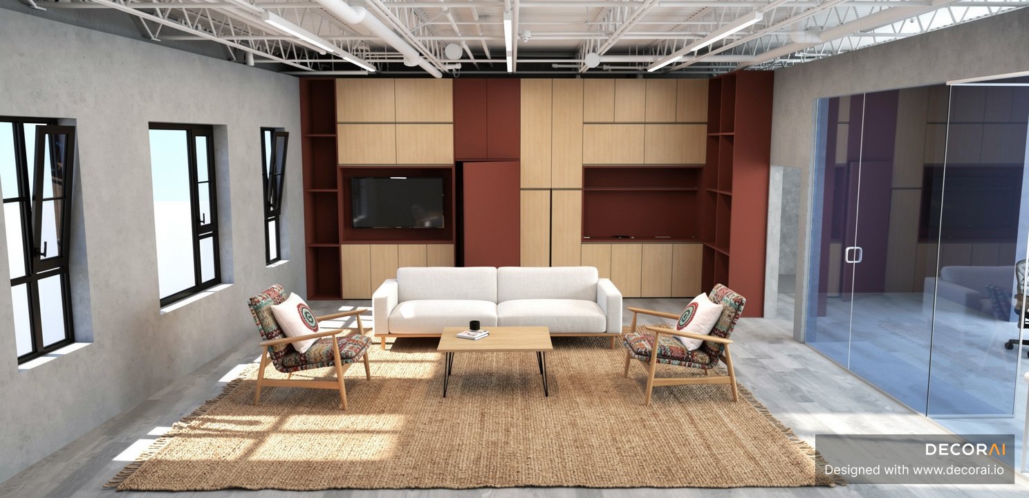 A contemporary living room with neutral tones, featuring a white sofa, patterned armchairs, wooden coffee table, large woven rug, and built-in cabinetry with burgundy accents.