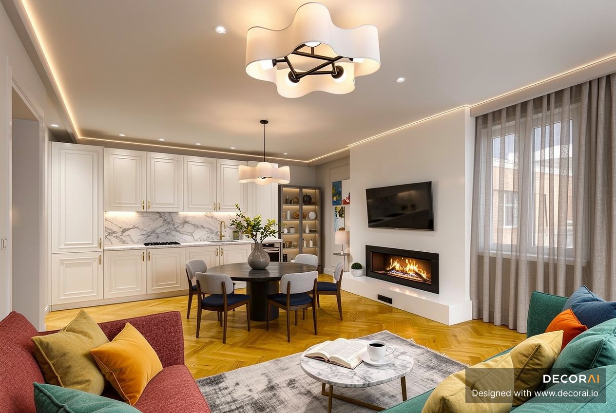 Contemporary living room with open kitchen, white cabinetry, marble backsplash, round dining table, colorful sofas, modern fireplace, and warm ambient lighting.