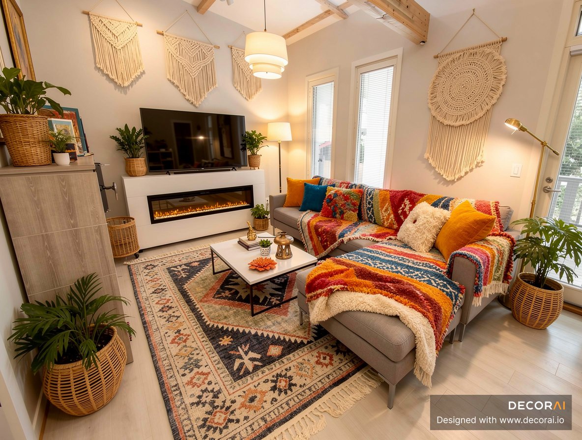 Bohemian living room with colorful patterned textiles, gray sectional sofa, woven wall hangings, indoor plants in wicker baskets, electric fireplace, and warm ambient lighting.
