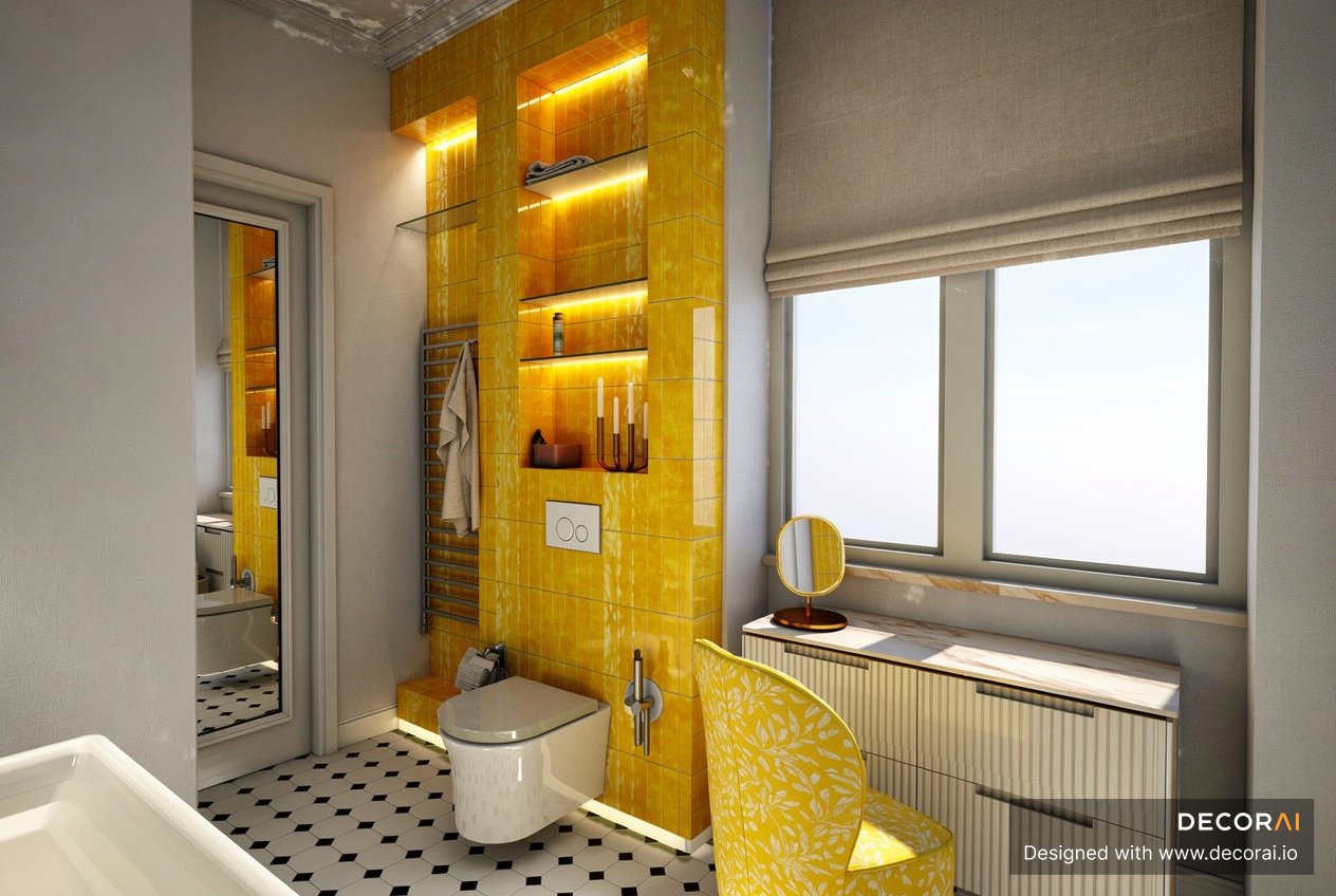 A Contemporary bathroom with vibrant yellow tiled wall, backlit shelves, floating toilet, patterned yellow chair, black-and-white hexagonal floor tiles, and soft natural light.