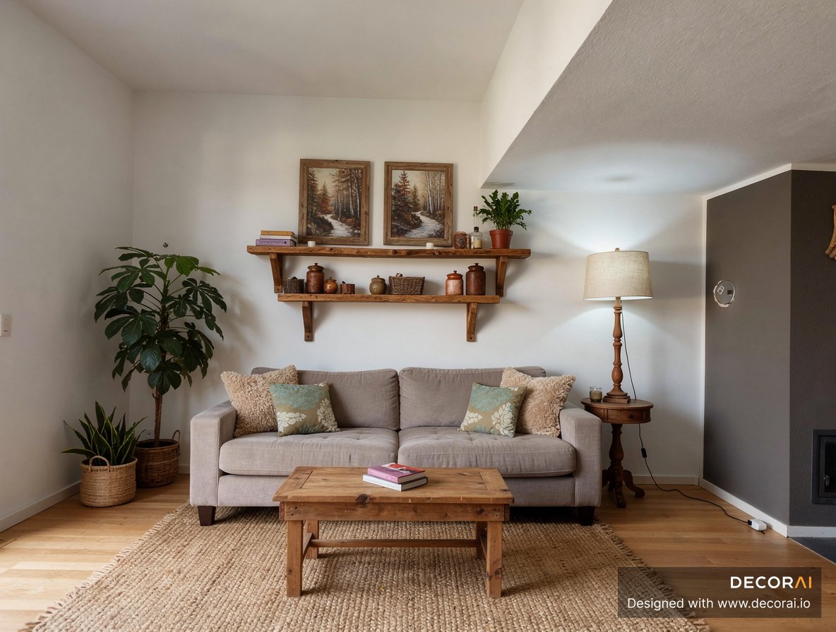 A rustic living room with beige sofa, wooden coffee table, natural fiber rug, potted plants, wooden shelves with pottery, warm neutral tones, cozy and inviting atmosphere.