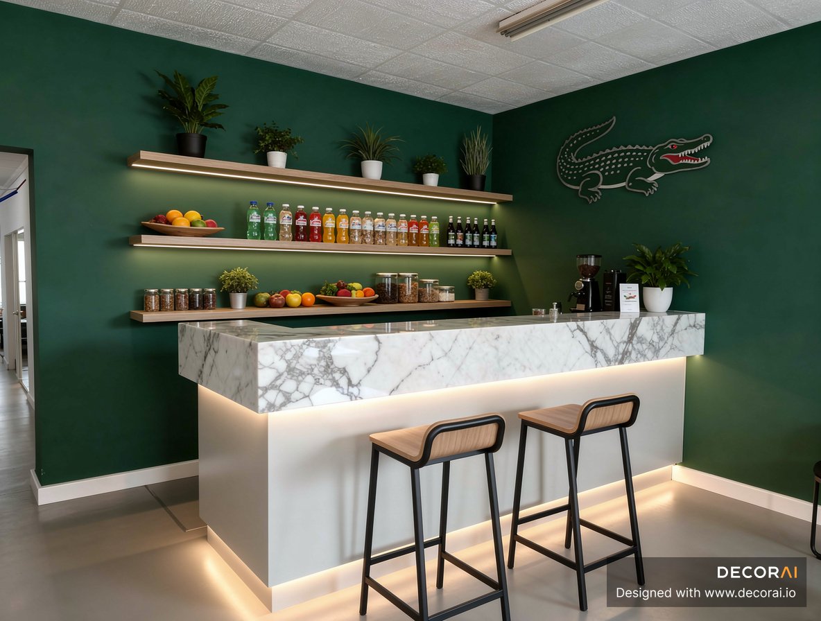 Modern office coffee bar with marble counter, green walls, floating shelves, and LED lighting
