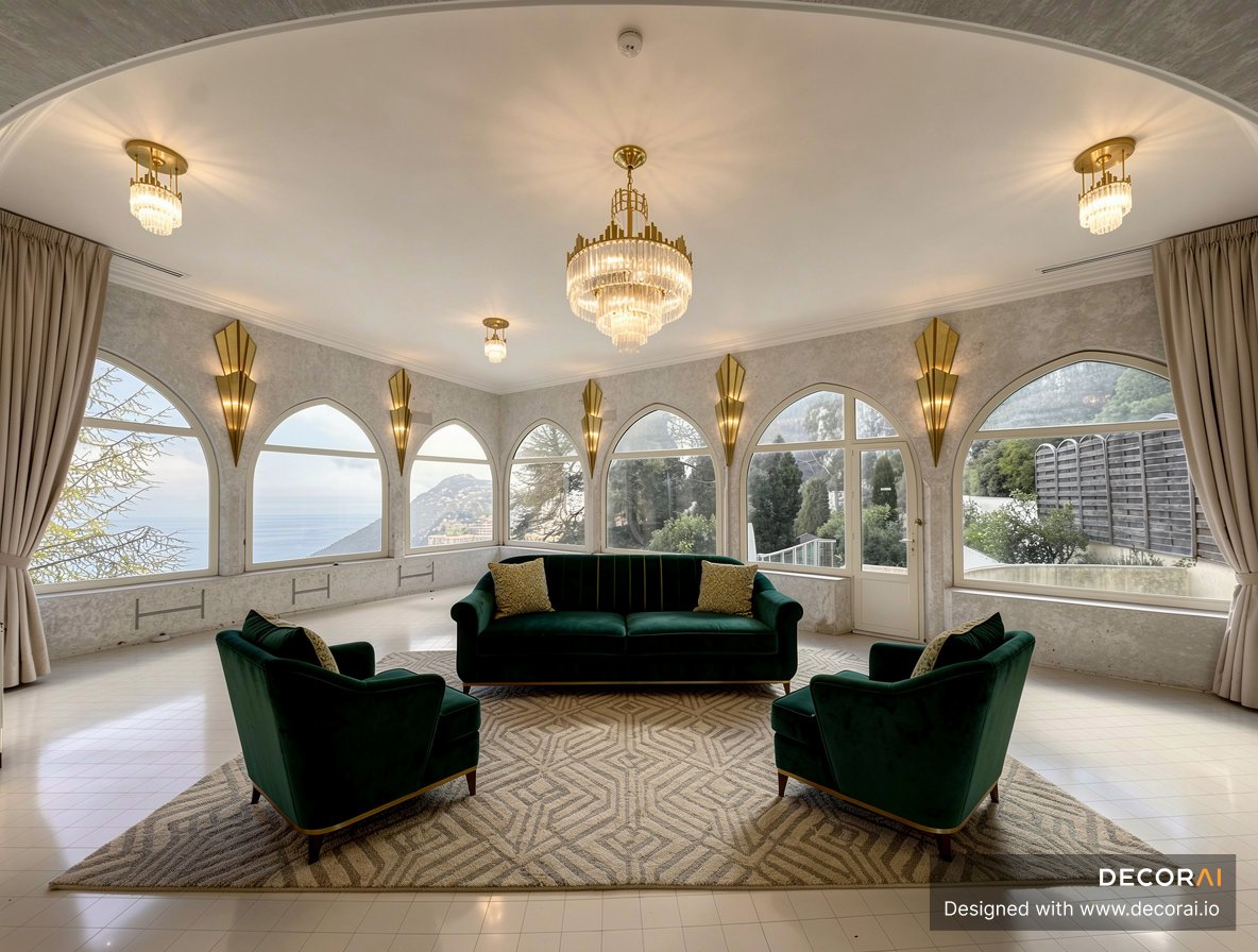 Art Deco living room with emerald velvet sofa, crystal chandeliers, arched windows, and gold wall sconces.
