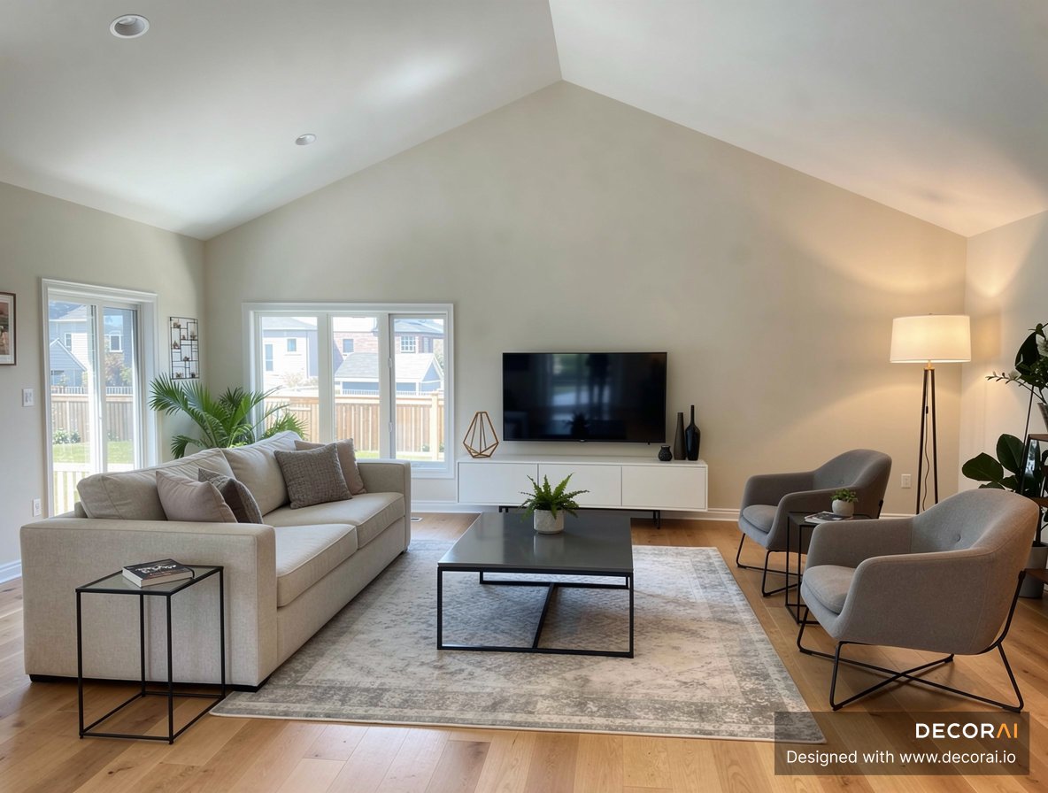 Modern living room with neutral beige walls, light gray sofa, two gray armchairs, black metal coffee table, large windows, wooden floor, and soft natural lighting.