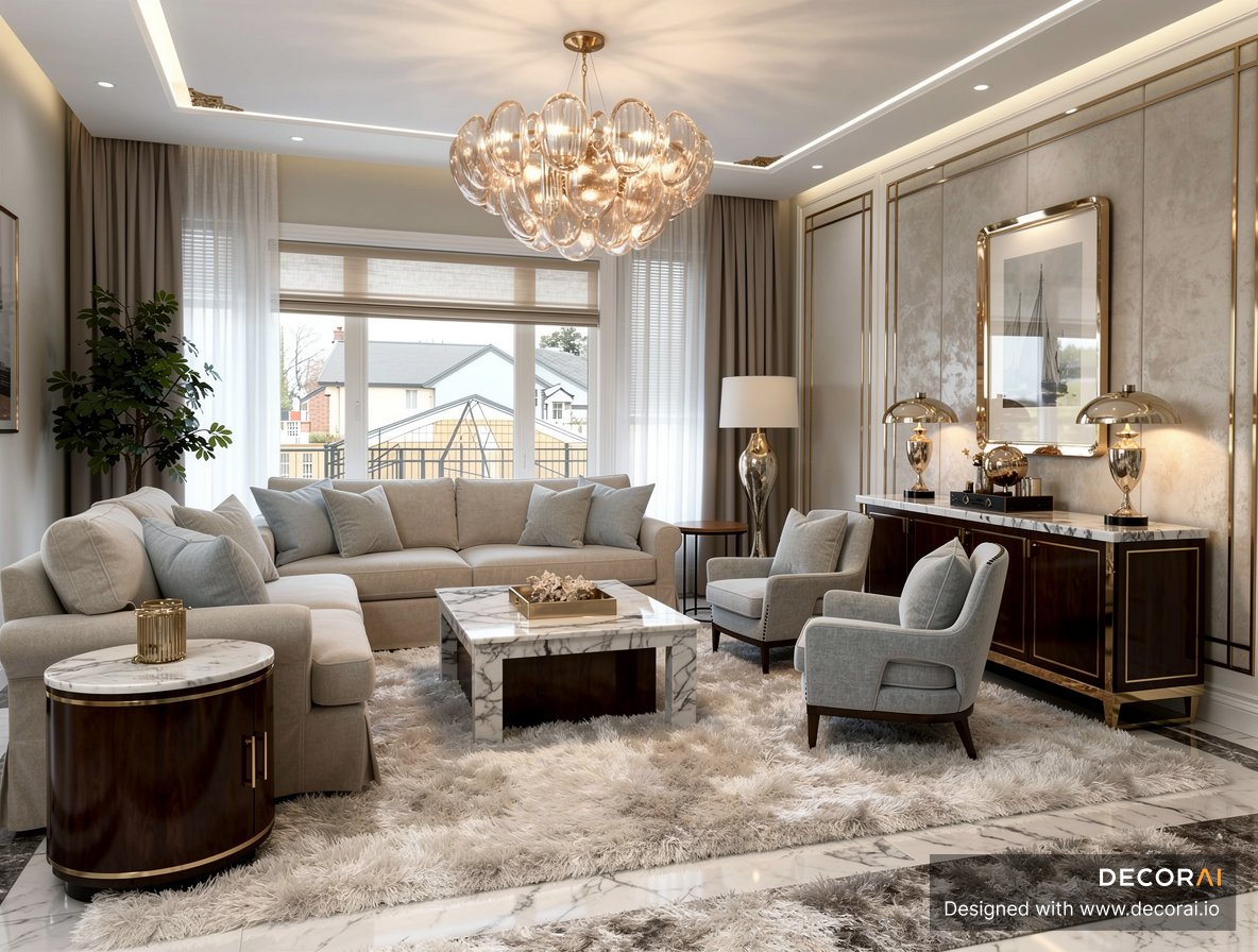 Neo deco living room with marble accents, gold lighting, plush seating, and luxurious modern styling