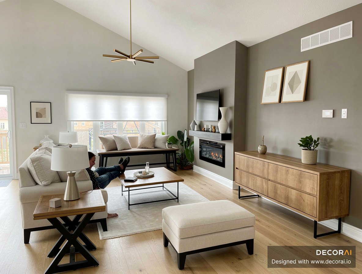 Modern minimalist living room with neutral furniture, fireplace wall, vaulted ceiling, and light wood accents