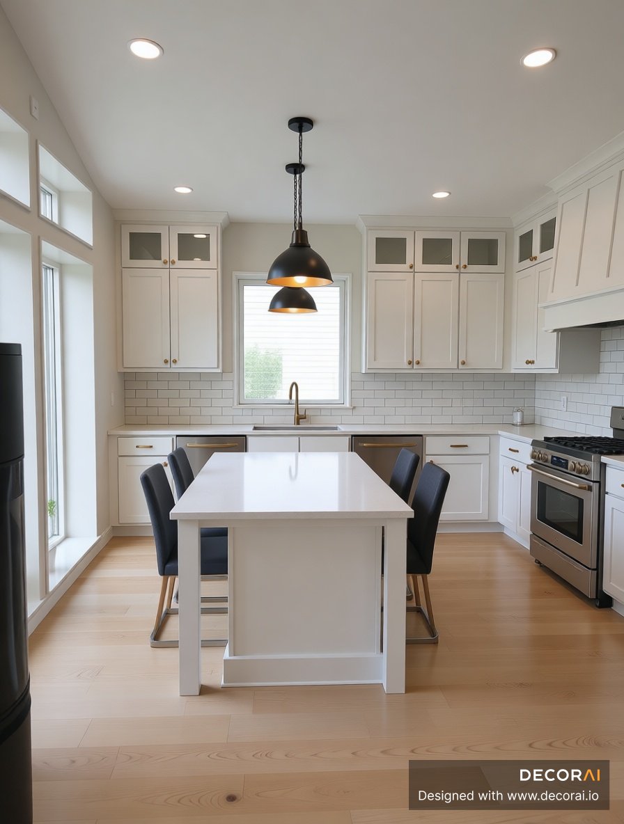 A Contemporary kitchen with dining, white cabinetry, subway tile backsplash, light wood flooring, black pendant lights, stainless steel appliances, and a bright, clean atmosphere.