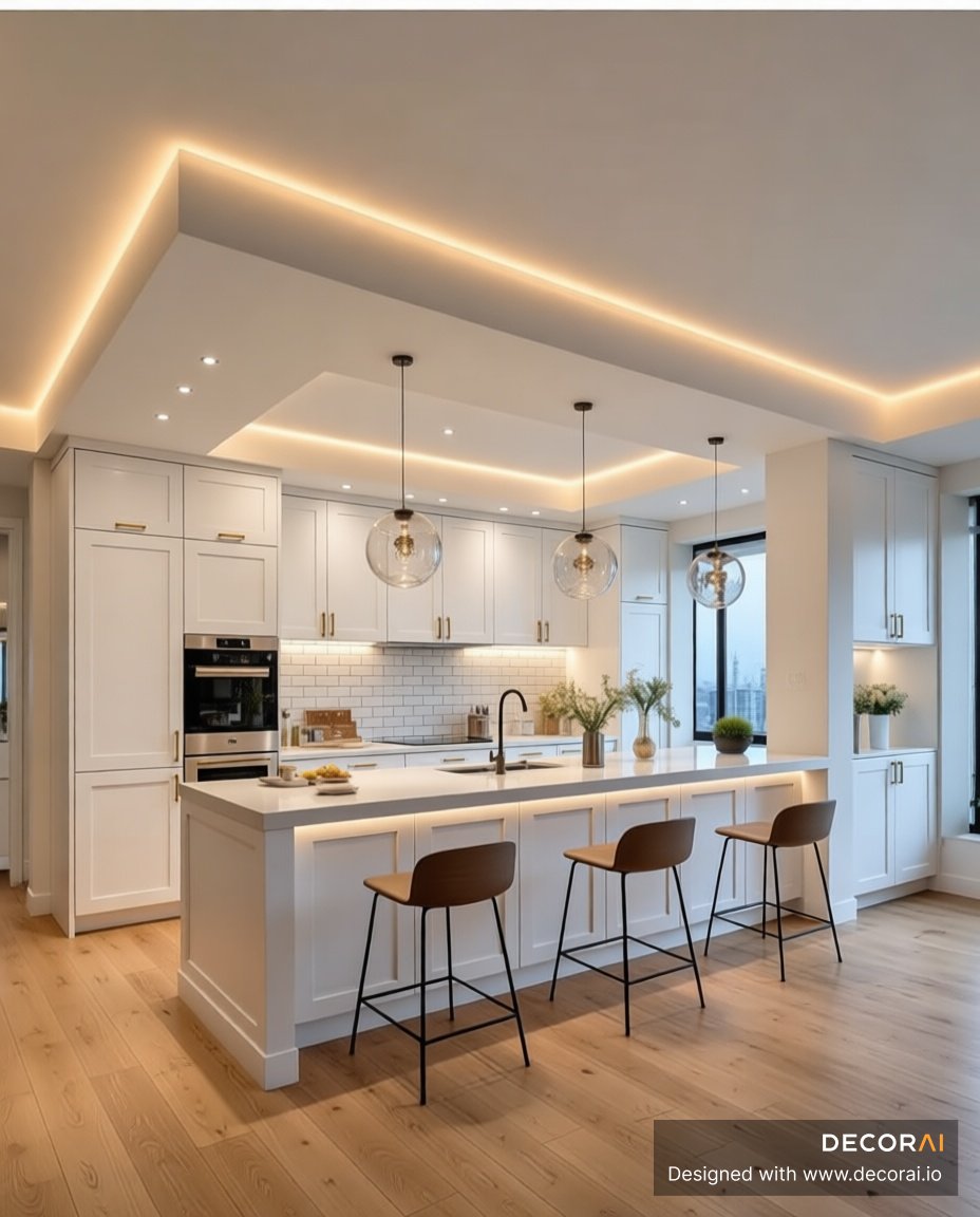 A modern kitchen with white cabinetry, subway tile backsplash, and wooden floors. Features a large island with brown stools, pendant lights, and warm recessed ceiling lighting.
