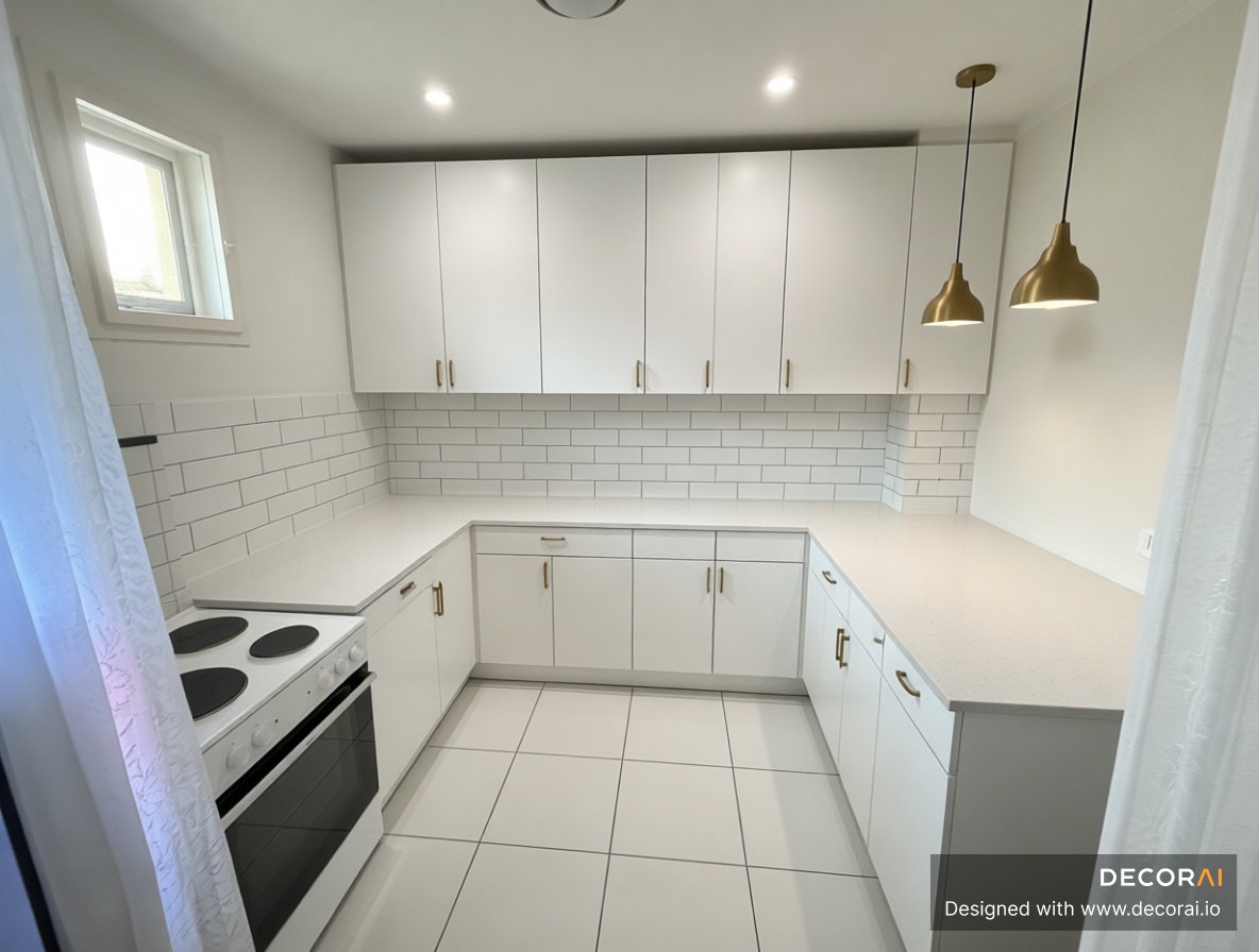 A bright small U-shaped kitchen with white cabinetry, subway tile backsplash, quartz countertops, brass handles, gold pendant lights, and large floor tiles creating a clean, airy atmosphere.