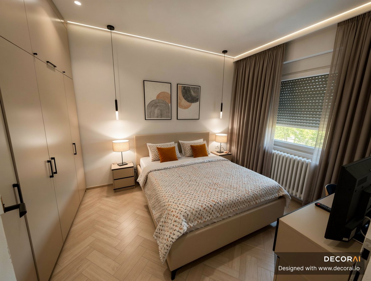 Modern minimalist bedroom with warm LED lighting, neutral decor, upholstered bed, and built-in wardrobes