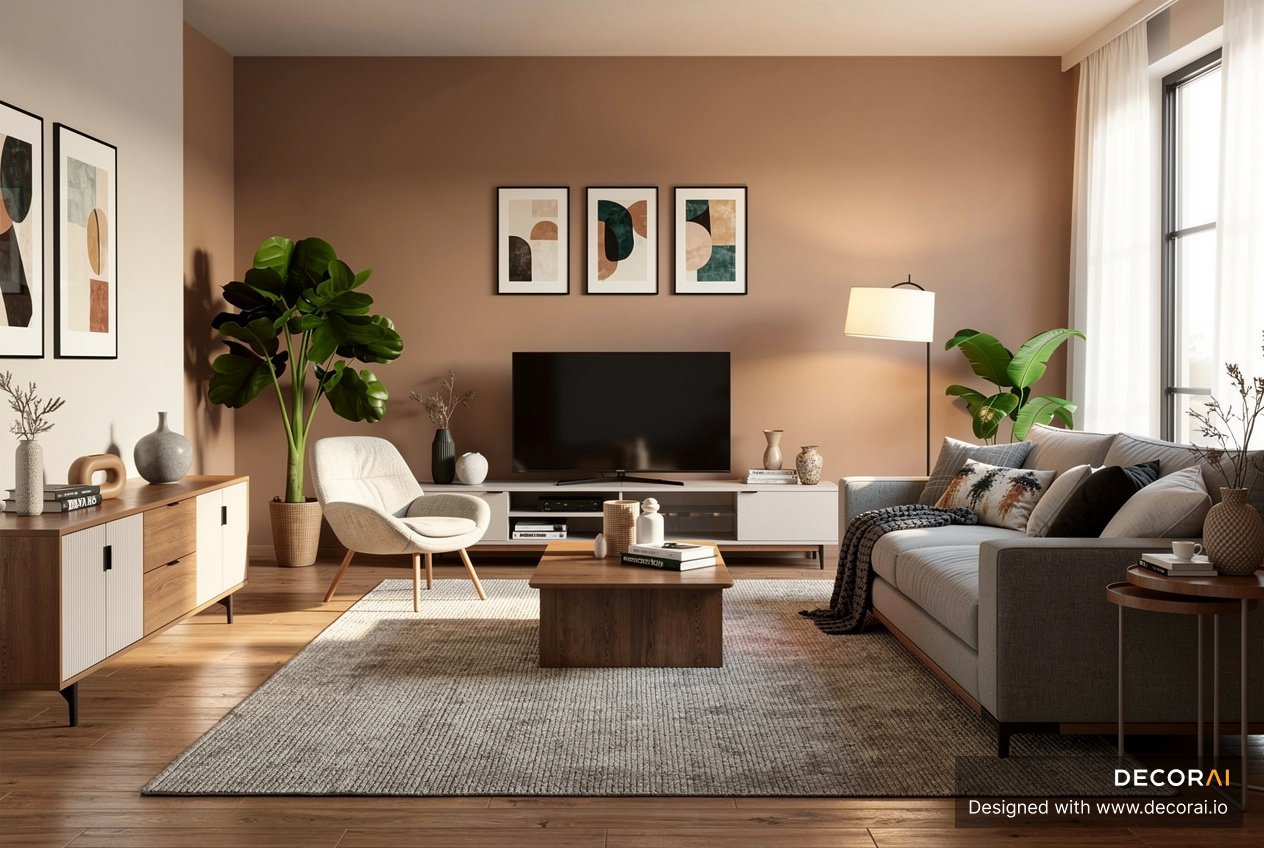 A Contemporary living room with warm beige walls, gray sofa, white armchair, wooden coffee table, abstract wall art, large plants, and soft natural lighting
