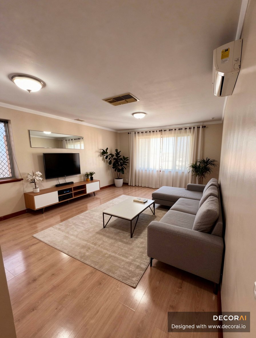 Modern minimalist living room with neutral sofa, wood flooring, sheer curtains, and Scandinavian decor