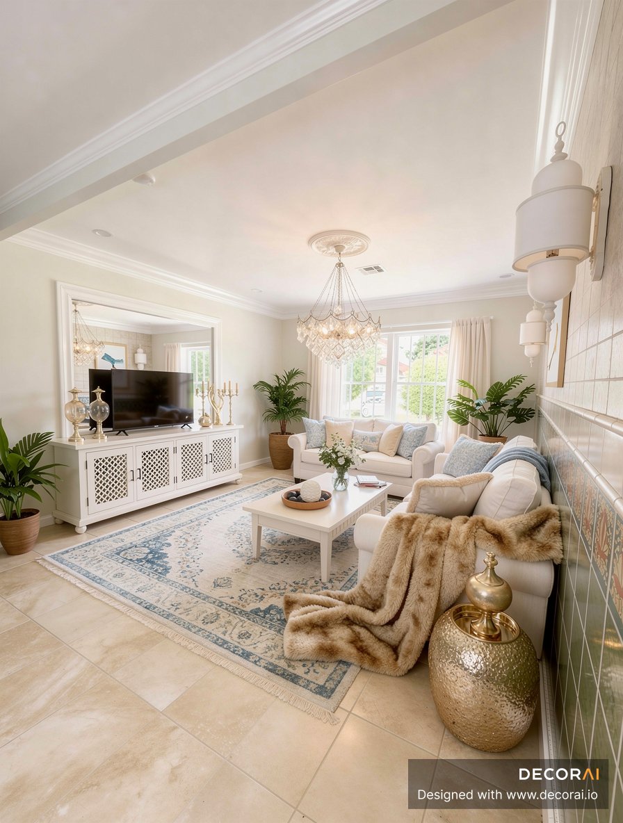 Elegant coastal living room with crystal chandelier, cream furniture, blue accents, and classic white decor.