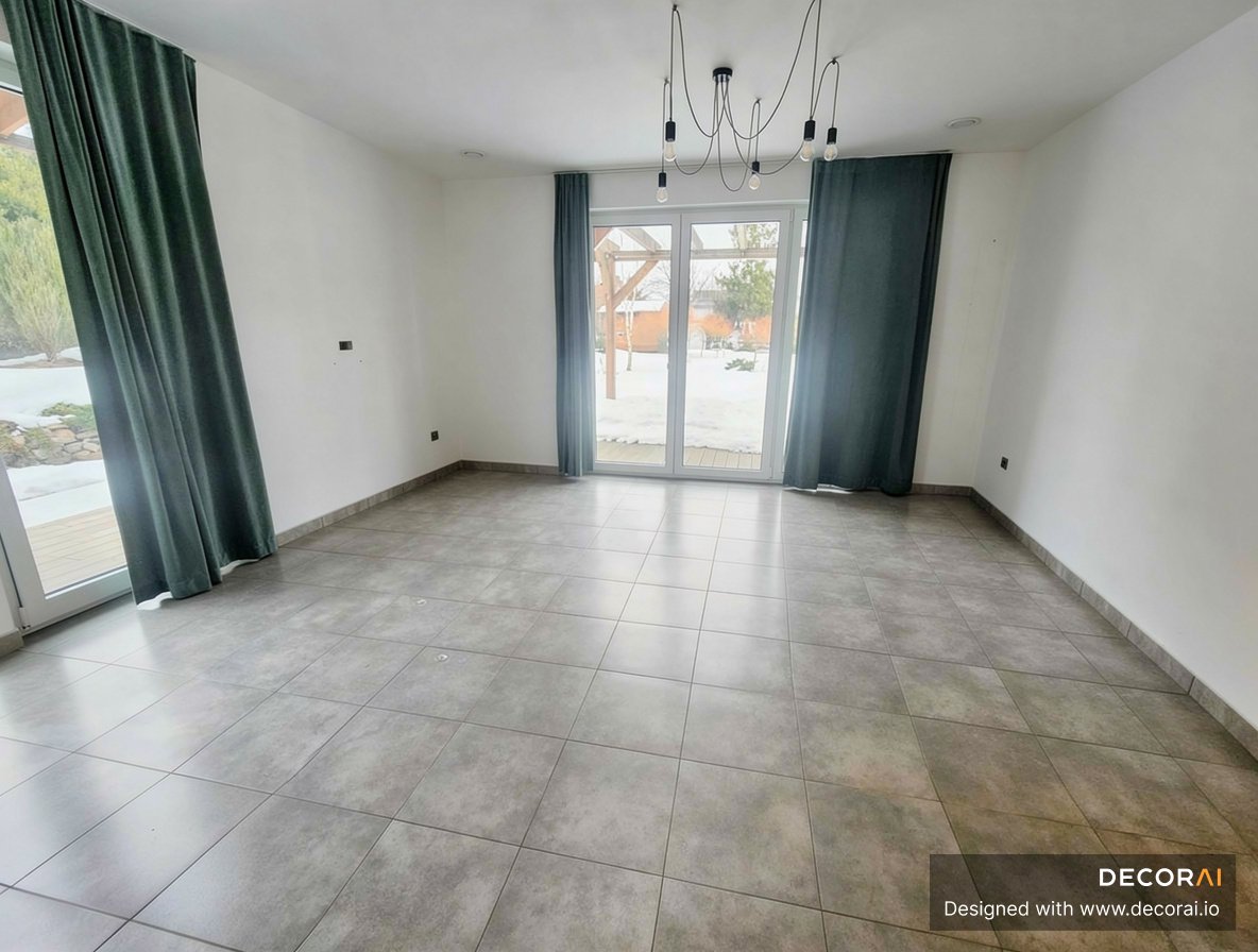 Emptied room with large gray tiled floor, white walls, dark green curtains framing glass doors, and minimalist black pendant light, bright atmosphere.