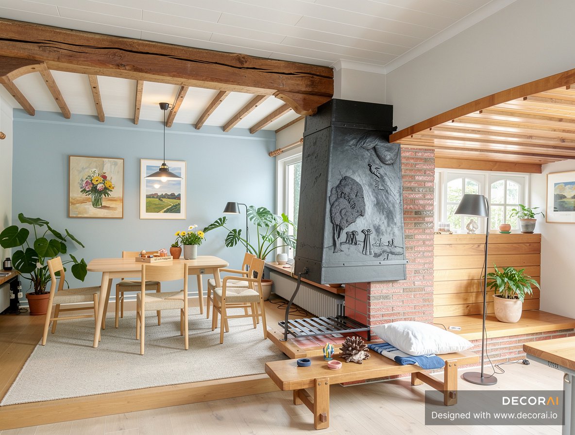 Scandinavian dining room with light wood furniture, pale blue walls, exposed wooden beams, black sculpted fireplace, green plants, and soft natural lighting.