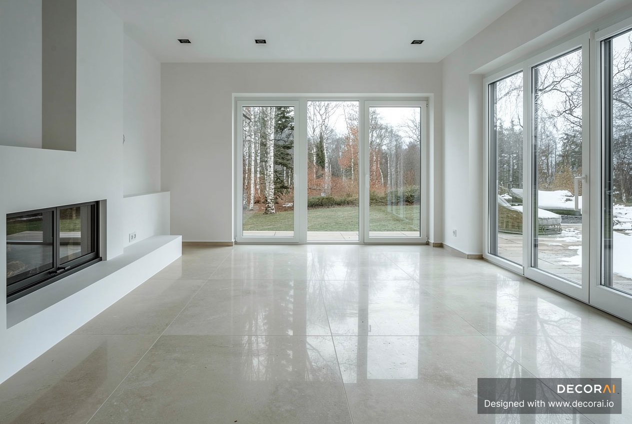 Empty Scandinavian living room with polished floors, minimalist fireplace, and large glass windows facing a backyard.
