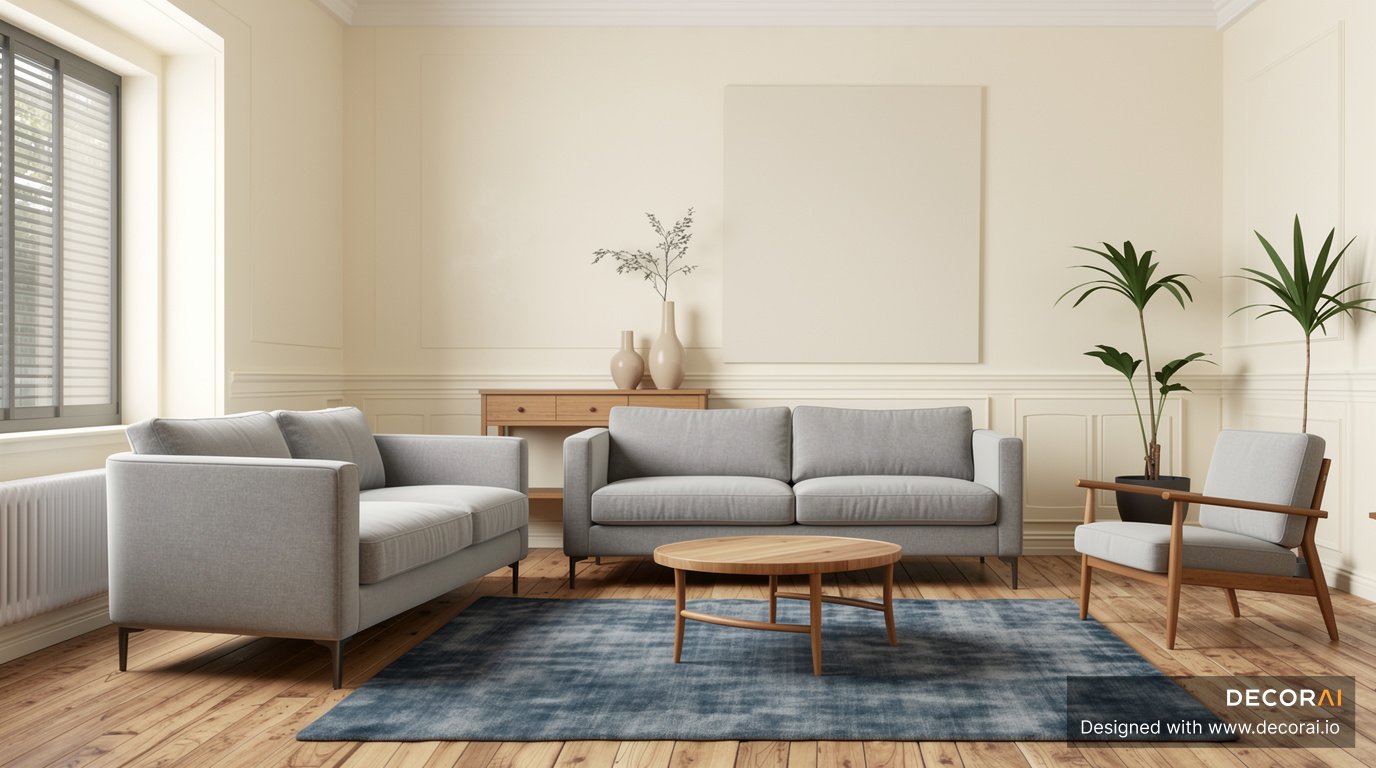 Mid Century Modern living room with light gray sofas, wooden coffee table, blue rug, natural wood flooring, cream walls, minimalist decor, and green plants,