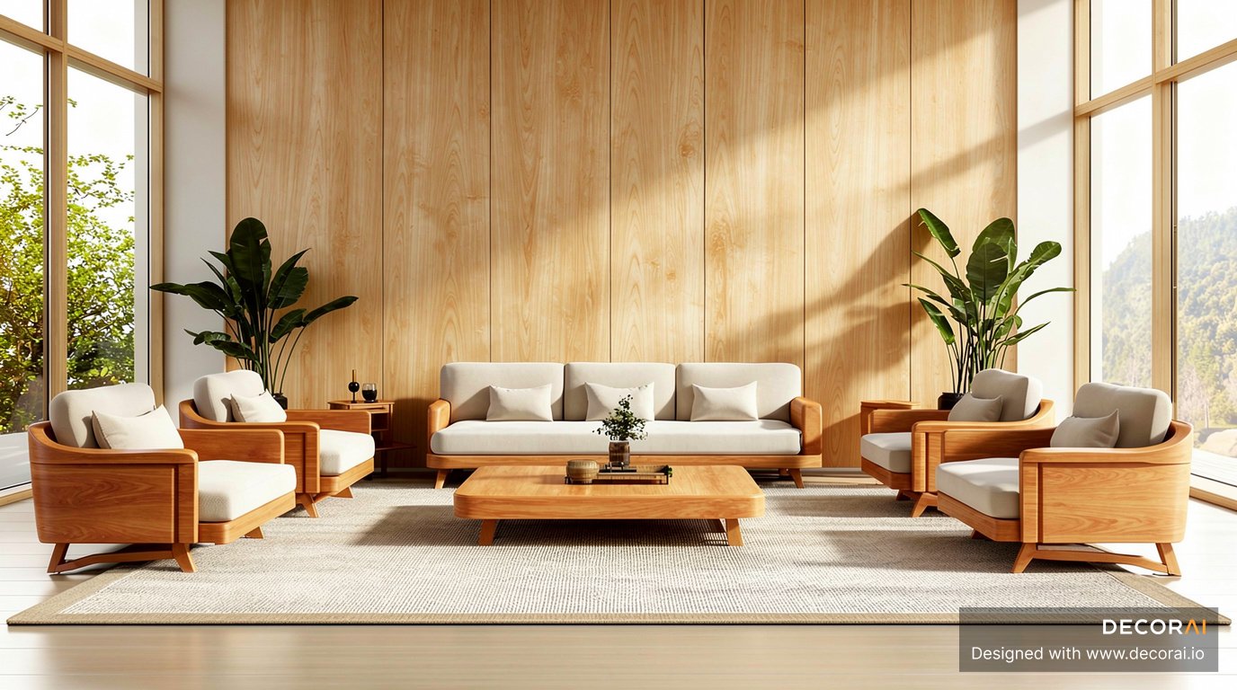 Scandinavian living room with light wood panel walls, minimalist furniture, neutral seating, and modern Nordic decor.