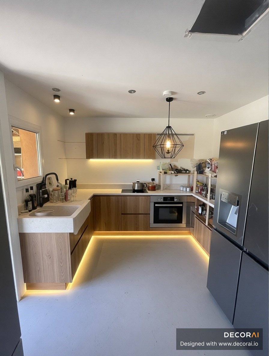 A contemporary kitchen with wood cabinets, white countertops, under-cabinet and floor LED lighting, stainless steel appliances, minimalist pendant light, bright and clean atmosphere.