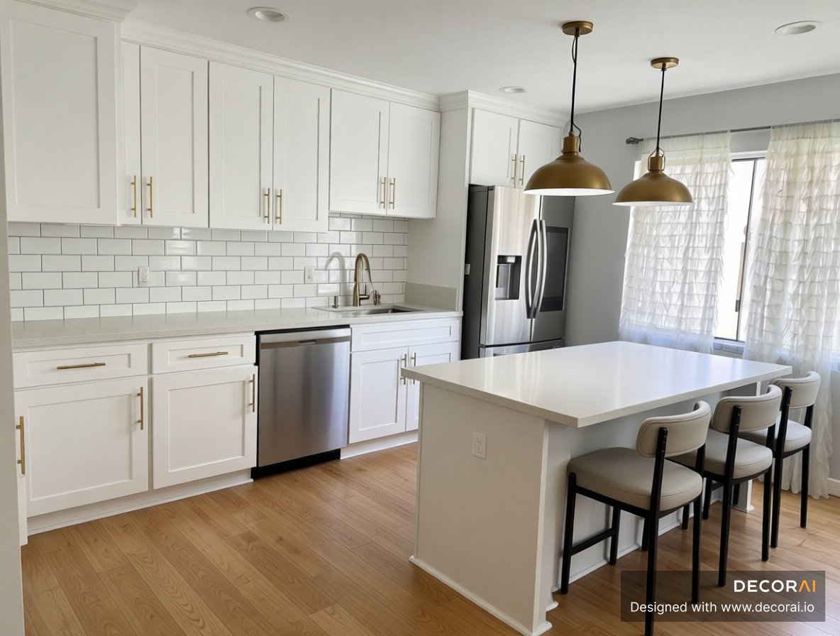 Modern kitchen with white shaker cabinets, subway tile backsplash, stainless steel appliances, light wood flooring, large white island with three cushioned stools, and brass pendant lights, creating a bright, clean, and inviting atmosphere.