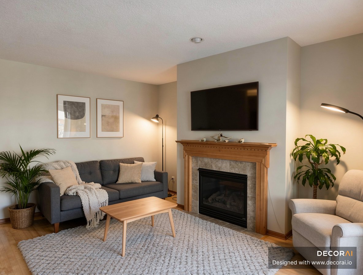 Scandinavian living room with fireplace, gray sofa, neutral armchair, textured rug, and wood accents