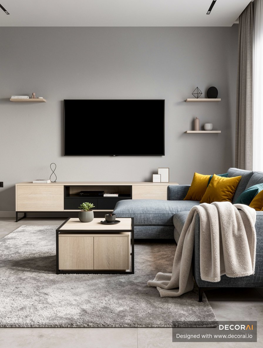Modern minimalist living room with gray sectional sofa, floating shelves, light wood furniture, and neutral decor