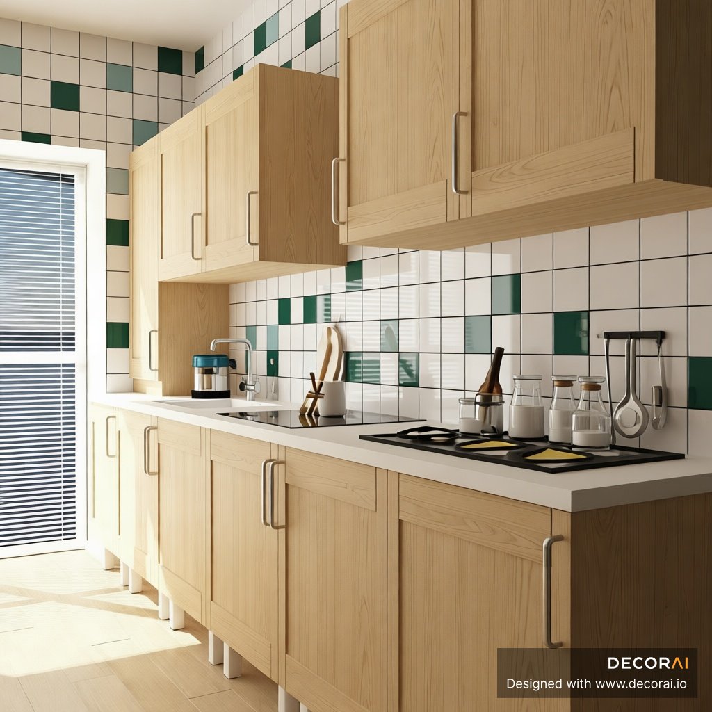 Modern kitchen with light wood cabinetry, white countertops, green and white tiled backsplash, sleek stovetop, and natural light creating a bright, airy atmosphere.
