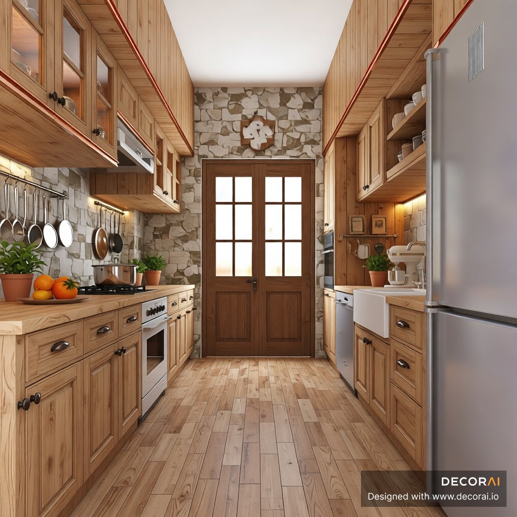 Rustic galley kitchen with warm wooden cabinetry, stone accent walls, stainless steel appliances, farmhouse sink, and natural light.