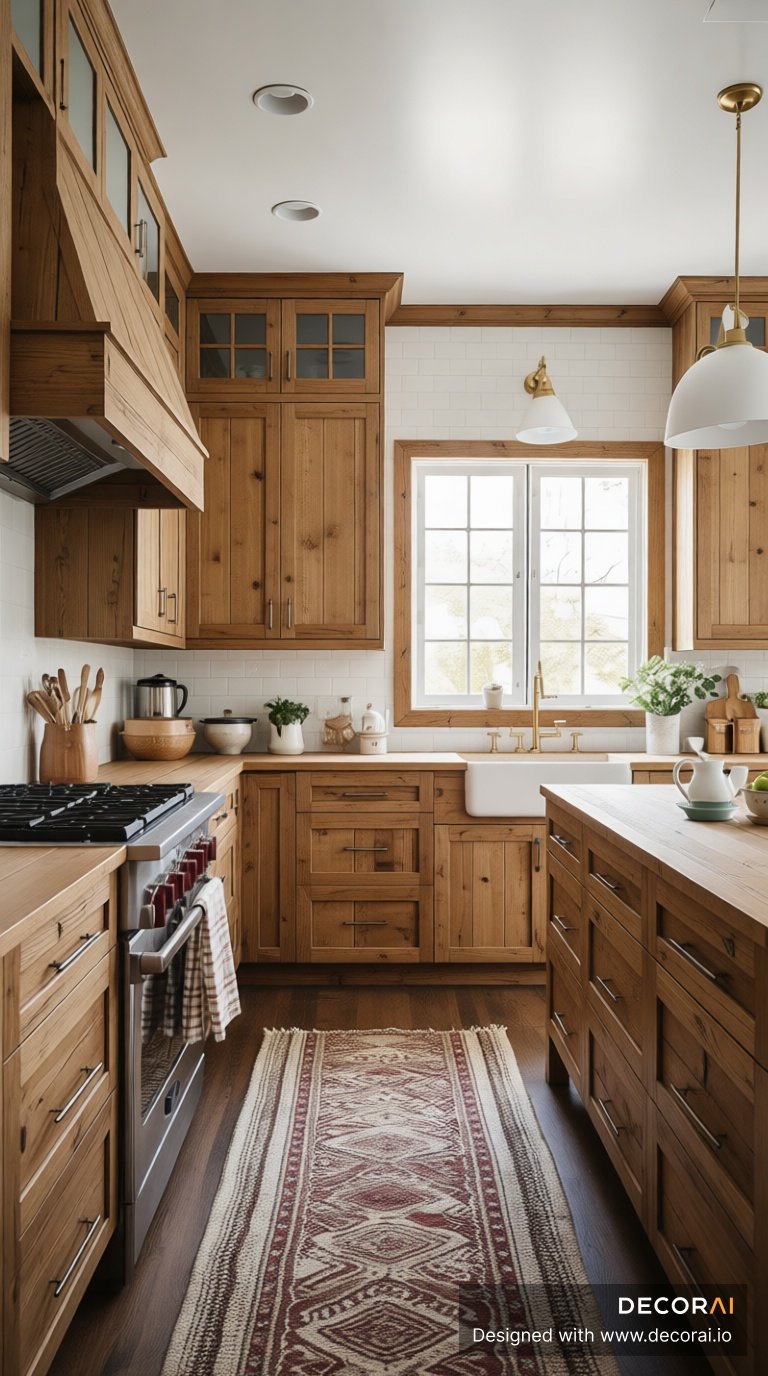 Rustic kitchen with warm wood cabinetry, white subway tile backsplash, farmhouse sink, patterned runner rug, brass fixtures, and natural light creating cozy atmosphere.