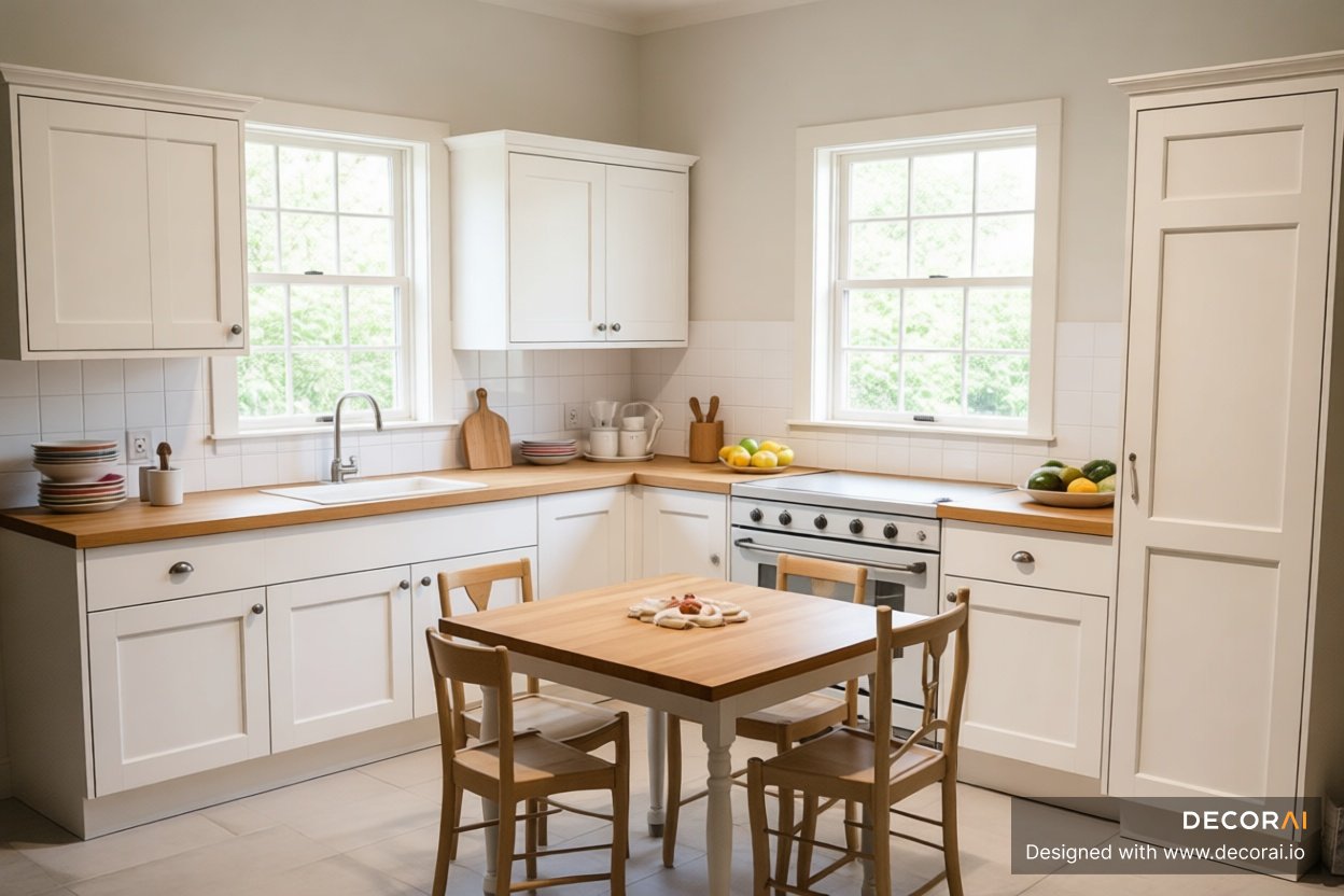A bright modern farmhouse kitchen with white cabinetry, wooden countertops, a central wooden table with four chairs, natural light from two windows, and a warm, inviting atmosphere.