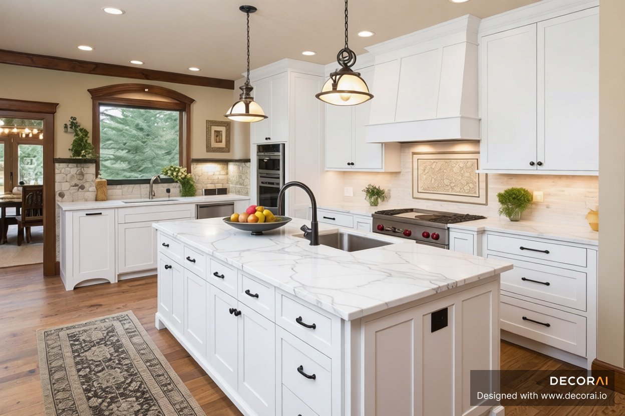 Bright modern farmhouse kitchen featuring white cabinetry, marble countertops, black hardware, wooden floors, pendant lighting, and warm natural accents.