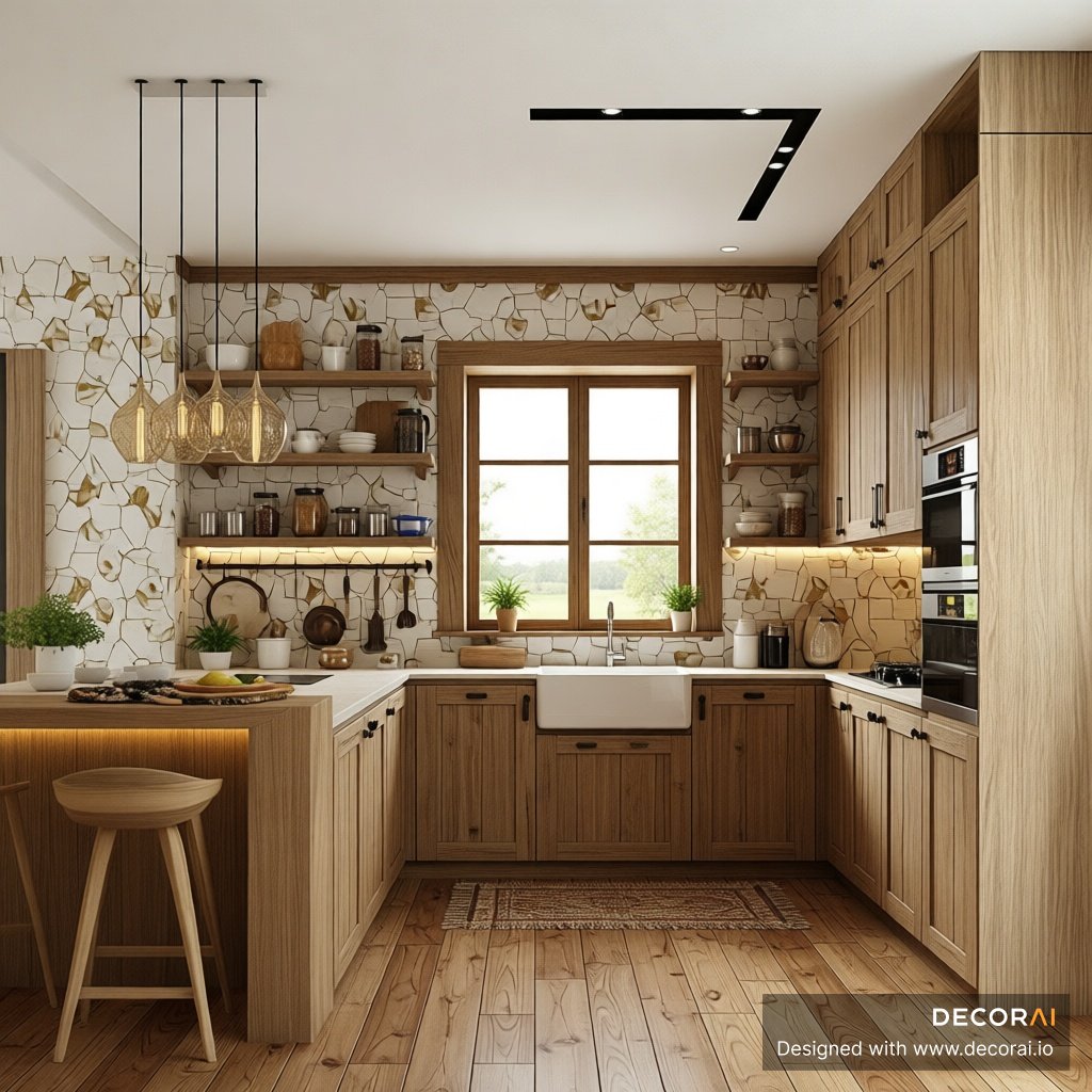 A rustic kitchen with warm wooden cabinetry, stone-patterned backsplash, farmhouse sink under window, open shelves with jars, pendant lights, and natural wood flooring.