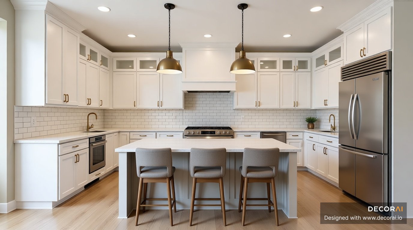A modern kitchen with white shaker cabinets, subway tile backsplash, brass fixtures, stainless steel appliances, large island with gray stools, warm wood flooring, and soft pendant lighting.