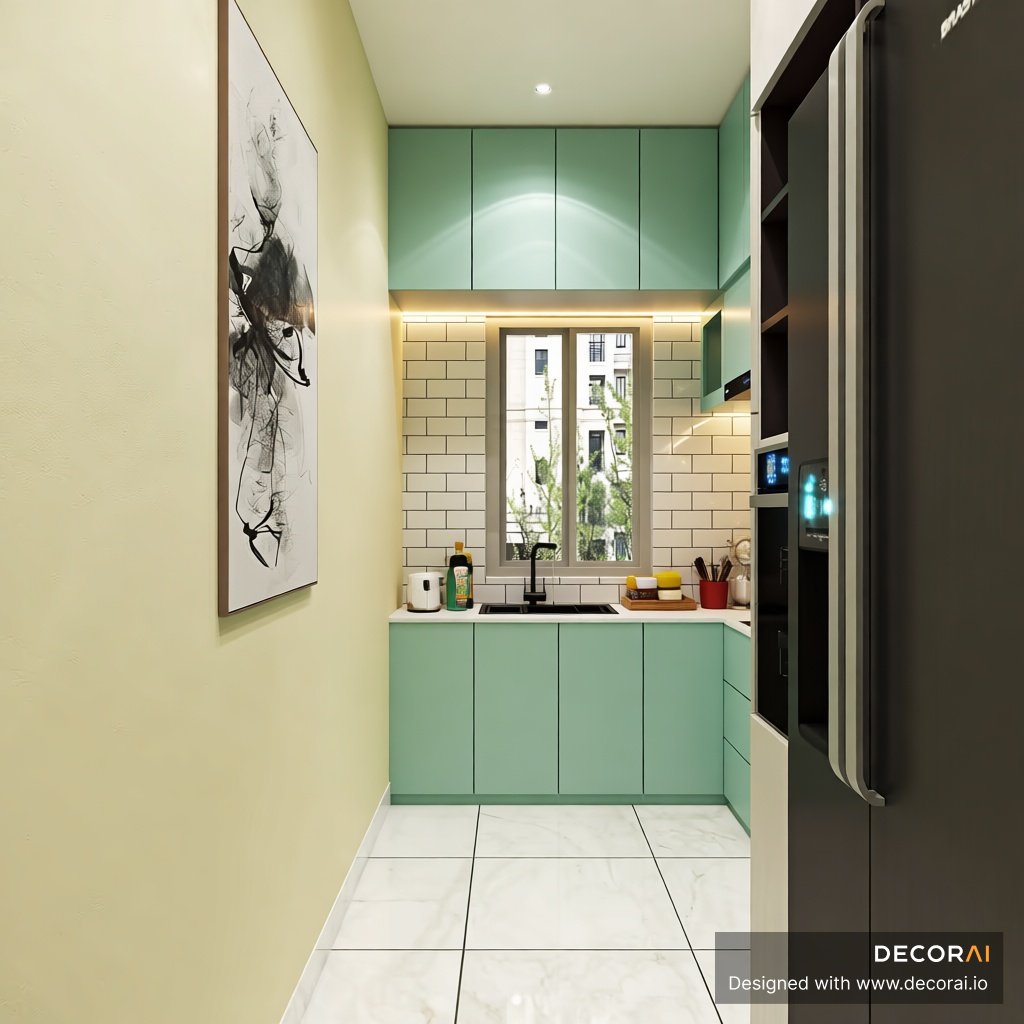 Small kitchen with mint green cabinets, white subway tile backsplash, black faucet, large window, beige walls, marble floor tiles, and minimalist abstract art.